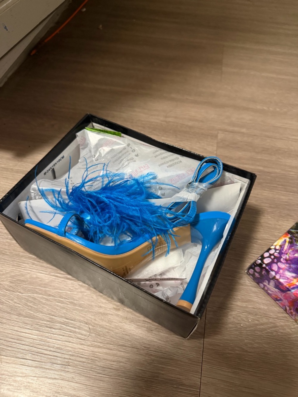 “Sexy Blue Feather Heels Strappy Stiletto Sandals Women Size 6.5 Party Club”